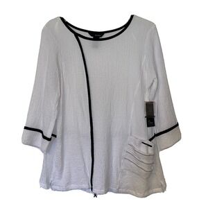 Ali Miles White Crinkle Lagenlook Art to Wear Black Zipper Pocket Accent NEW PL